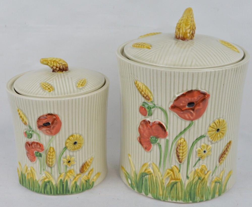 Vintage Lefton Poppy Garden Ceramic Canisters Set 2 Japan Floral Wheat Jars